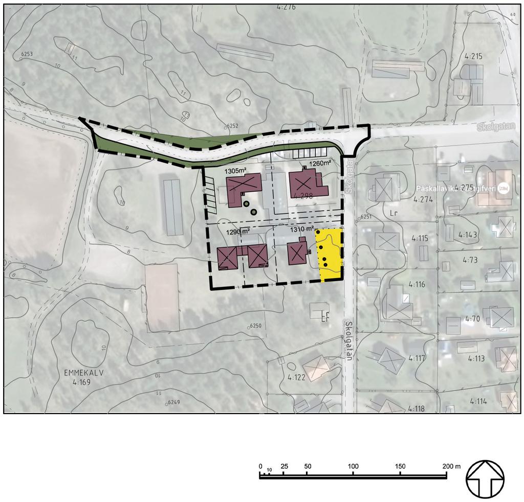 ALTERNATIV 3 Villor- Parhus- Flerbostadshus Illustrationen nedan visar ett exempel på hur området kan se ut om det byggs ut med flerbostadshus på norra delen av området parhus samt villa på södra del.
