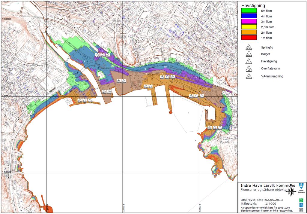 Figur 5 Översvämningskartering samt översvämningssymboler, Larvik Synpunkter FÖP-nivå I kapitel Tillämpningsfall Kusten saknas en nivå för Norge.