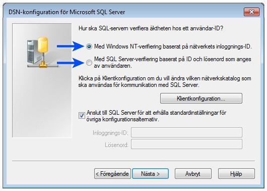 Här bestämmer du om du vill att HogiaFastighet ska kontakta databasen via NT-verifiering eller använda sig av SQL Server-verifiering.