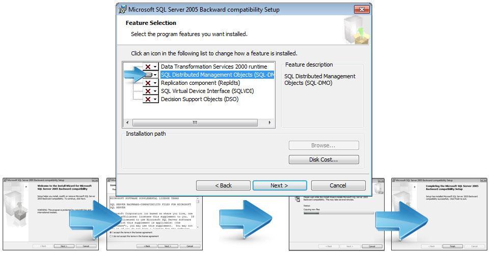 Här avmarkerar du alla andra komponenter förutom SQL Distributed Management Objects (SQL DMO) och klickar sedan på. Stega dig igenom de resterande dialogfönstren och slutför sedan installationen.