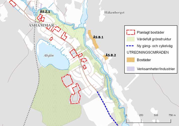 64 Ortsanalys Åshammar Framtida markanvändning i Åshammar Bostäder (B) I Åshammar finns det elva planlagda områden för sammanlagt 122 bostäder.