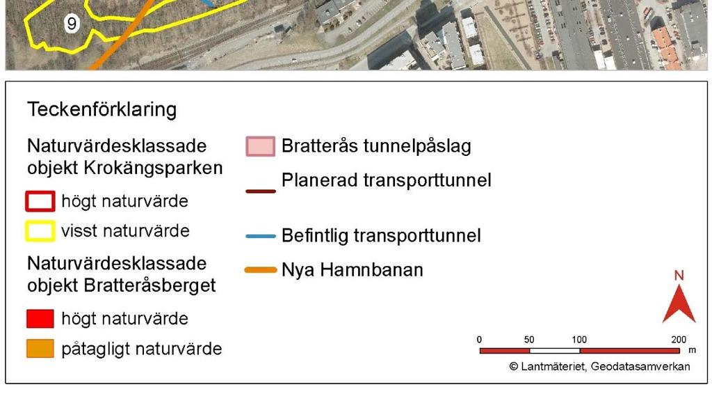 Inventeringen på Bratteråsberget, har genomförts utifrån den fastställda ftss 199000:2014. Siffrorna anger det nummer som avgränsade objekt med förhöjda naturvärden fått vid inventeringstillfället.