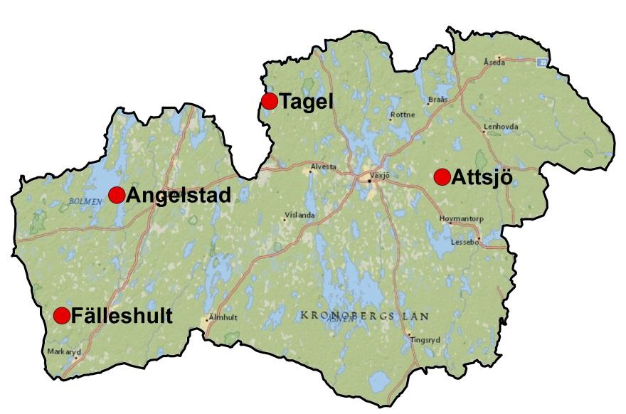 Bilaga 1. Stationsvis redovisning Här presenteras resultaten från årets mätningar vid de tre aktiva mätplatserna i Kronobergs län tillsammans med tidigare års mätningar (Tabell B.1.1).