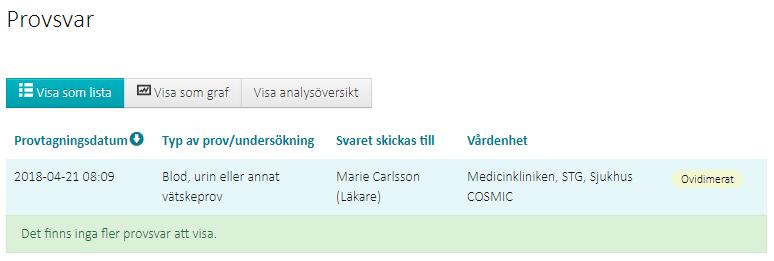 Det går att klicka på K-ikonen för att öppna en lista där även tidigare resultat av analysen i fråga visas, se Visa provsvar som kumulativ lista.