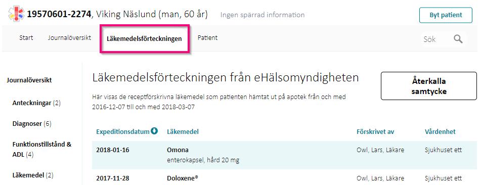 5 Visa läkemedelsförteckningen Inledning Läkemedelsförteckningen från ehälsomyndigheten visar de läkemedel som har expedierats av apotek under de senaste 15 månaderna, för patienten ifråga.