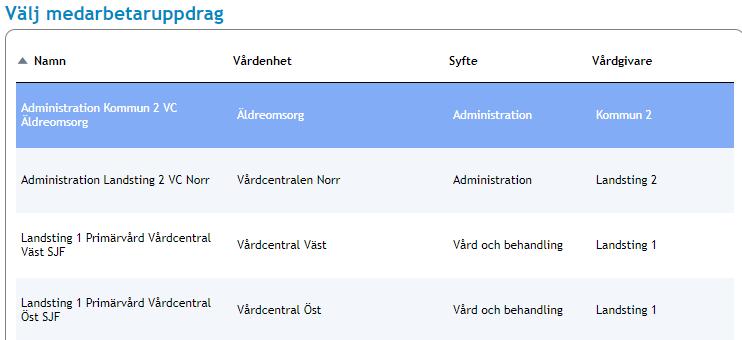 7 Välj medarbetaruppdrag. Notera: Ditt medarbetaruppdrag måste ha syftet Vård och behandling för att du ska ha behörighet till NPÖ.