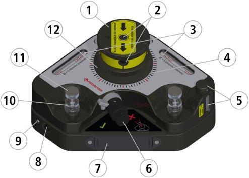 6. Ratt för rotering av det optiska huvudet. 7. Fyra LR6-batterier. Tryck ihop ändarna och drag ut kassetten. 8. Strömbrytare för laser. 9. Lysdiod som indikerar att lasersändaren är aktiv. 10.