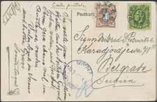 1162K * 500:- 52, 61, 74 1+5 öre, samt 4 öre på baksidan, som trevlig frankering på brevkort sänt till Serbien.