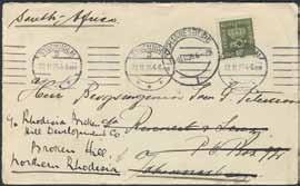 1203K 159 1203 40 öre som singelfrankering på brev sänt från STOCKHOLM 22.11.26 till Sydafrika, eftersänt till Nordrhodesia. Ankomststämplat JOHANNESBURG 15.DEC.26 resp.