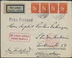 stamps 4 1 mark Definitive series II m/30 in strip of four, together with single line cancellation FRÅN FINLAND (without frame), on airmail cover sent to Germany.