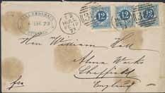 SPECIAL SECTION postal history 1639K 21g GREAT BRITAIN, Göteborg-Hull route. British duplex cancellation 383/HULL T2 19.FE.73 on Swedish stamps, 3x12 öre Circle type perf.