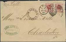 80 on Swedish stamps, 2x20 öre Circle type perf. 13, together with circle cancellation SWEDEN BY STEAMER, on 2-fold cover sent to USA. Notation via Hull.