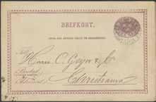 DE CHRISTIANIA (with CH, not abbreviated) 13.V.82 on Swedish postal stationery card 6 öre, dated Charlottenberg 2 Juli 1879, sent to Norway.