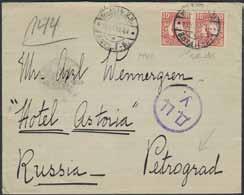 SPECIAL SECTION postal history 1717K 82 RUSSIA, Russian ship cancellation (?) 19.XI.14, on Swedish stamps 2x10 öre Gustav V in Medallion in pair, on cover sent to Russia.