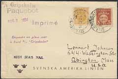 800:- 1718K 1717 1718 72, 139 RUSSIA, Russian town cancellation LENINGRAD 6 10.8.34, on Swedish stamps 2+3 öre Small National Coat-of-Arms, on printed matter cover posted onboard M/S GRIPSHOLM, sent to USA.