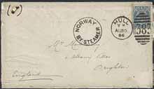 000:- 1730K 9 2 8 skill in pair on letter sent by direct steamer ST. OLAF from CHRISTIANIA 24.3.1866 to Germany. Sent to Annaberg, Saxony, with transit cancellations ST.P.A.HAMBURG 3-4 27.