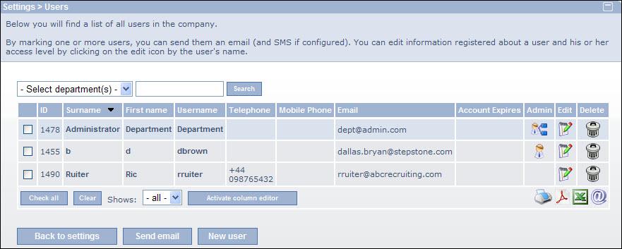 Administrering i EasyCruit Admin info - denna kolumn anger om en användare är en administratör, avdelningsadministratör eller en användare med hjälp av ikoner.
