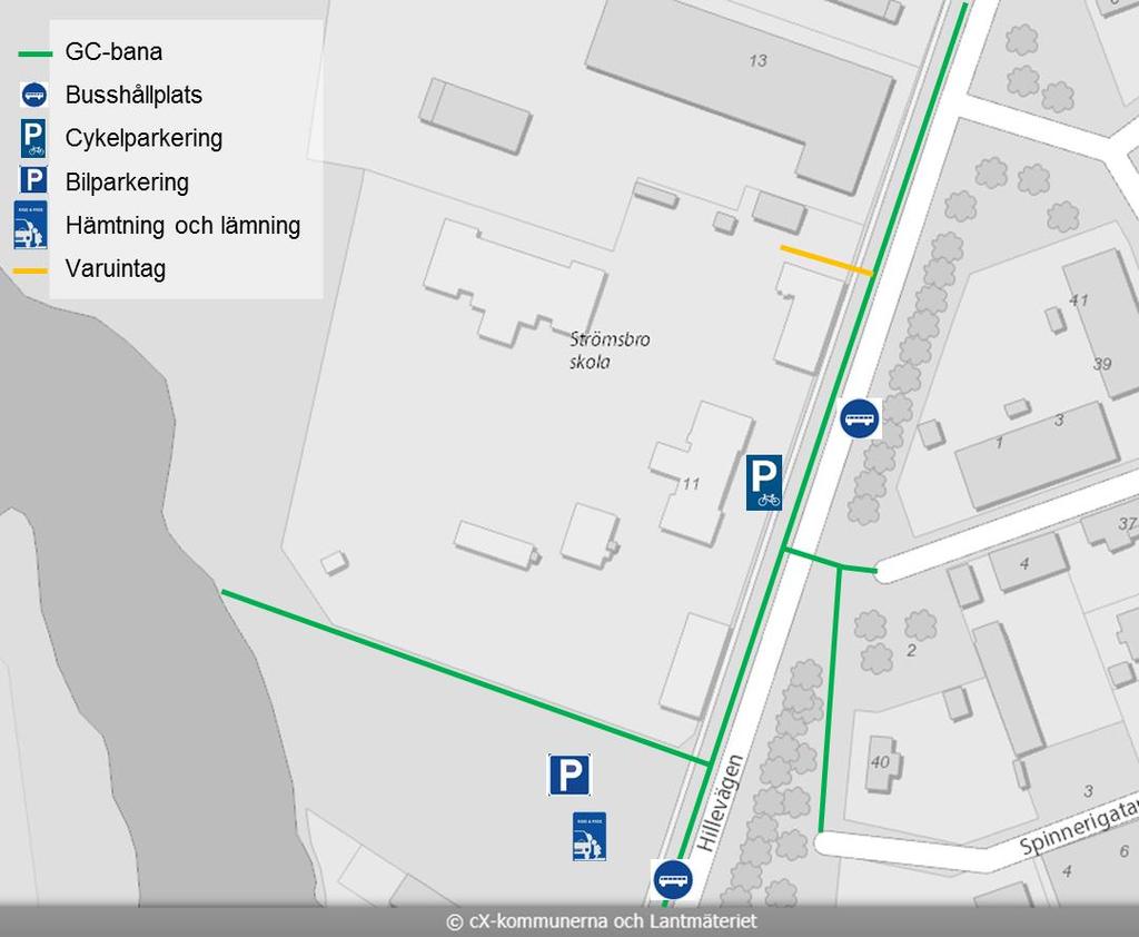 2 DAGENS TRAFIKSITUATION Strömsbro skola ligger cirka 2 km norr om Gävle centrum. Skolan är lokaliserad precis väster om Hillevägen. Figuren nedan visar hur skolområdet ser ut idag.