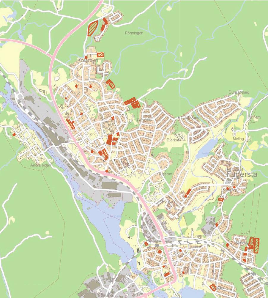 Områden för bostäder, skolor mm i Fagersta tätort Teckenförklaring Bostäder, redan detaljplanelagt Förskola Bostäder, i planprogram () Framtida förskola 2 Bostäder,