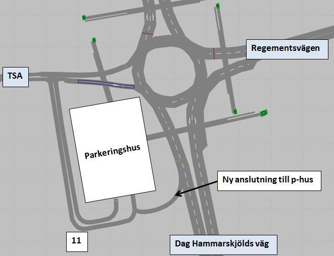 ans/äta 12/.docx 5.3 Parkeringshus Rosendal I norra Rosendal, vid cirkulationsplatsen Regementsvägen/TSA/Dag H, planeras ett parkeringshus. Parkeringshuset ansluter till övriga vägnätet via nr.