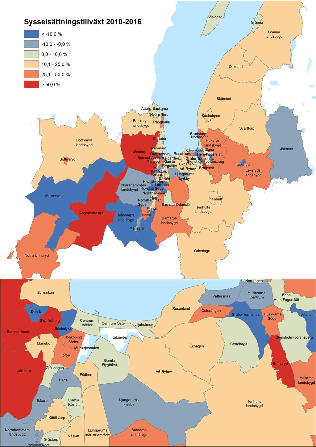 Figur 2 Tillväxt i antal sysselsatta (%) per delområde 17 i Jönköpings kommun 2010