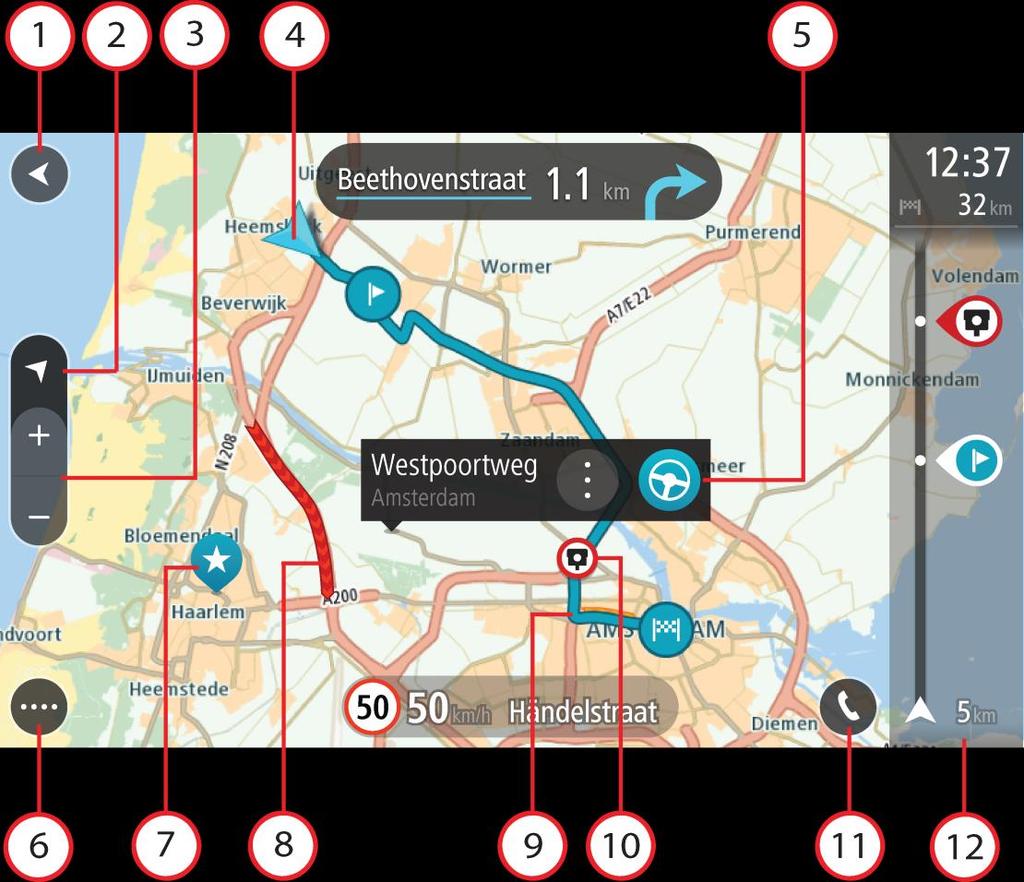 Vad visas på skärmen Kartvyn Kartvyn visas när du inte har någon planerad rutt. Din nuvarande plats visas så snart TomTom GO har hittat din GPS-position.