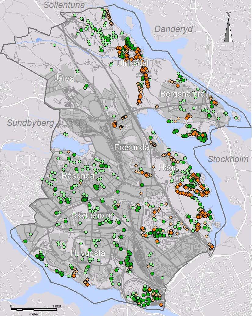 Översiktskarta över stora ekar och lindar i Solna Solna stad, 2017 Karta 1 Översiktskartan visar stora ekar och lindar som kartlades i det tidigare LONA-projektet Ekologiska spridningssamband i