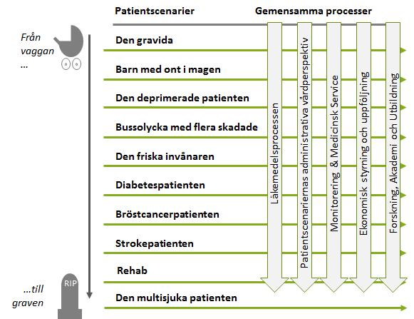 Figur 3 Patientscenarier Tio patientscenarier har valts för att få en bred förståelse för de behov och krav som finns för att förverkliga framtidens vård.