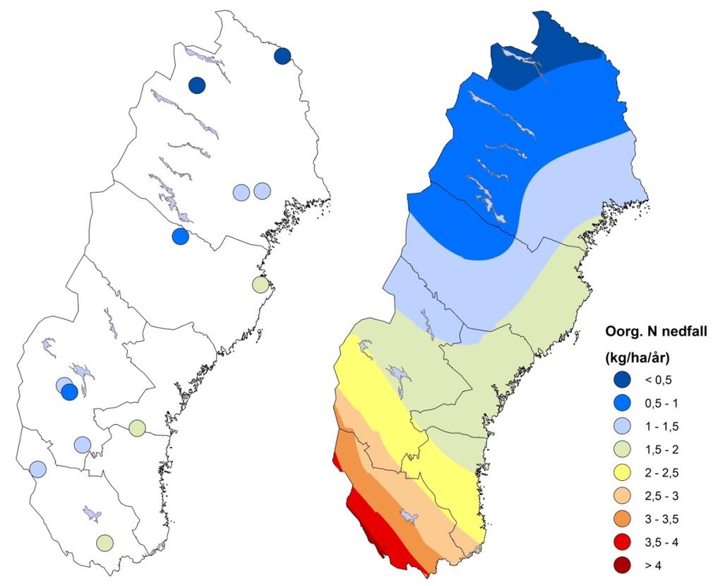 Figur 6. Nedfall av oorganiskt kväve (NO3 + NH4) under det hydrologiska året för mätplatserna i norra Sverige.