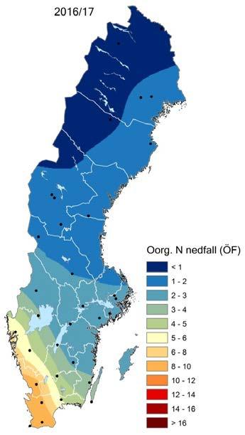 A. B. C. Figur 8. Nedfall av oorganiskt kväve (NO3 + NH4) under det hydrologiska året. A. Uppmätt nedfall till öppet fält. B. En geografiskt interpolerad karta över nedfall till öppet fält, baserad på data som visas i A.