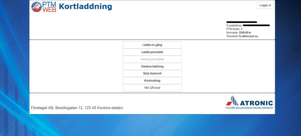 Orderbilden Detta är huvudbilden från vilken du väljer de olika laddningarna som kan göras. På denna bilden visas också aktuellt kortvärde och vilken periodisk laddning som är aktiv.