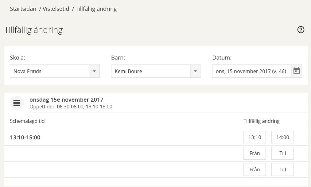 2.3 TILLFÄLLIG ÄNDRING Under funktionen Vistelsetid -Tillfällig ändring kan vårdnadshavare meddela förskolan/fritidshemmet att ordinarie tider inte gäller för en specifik dag.