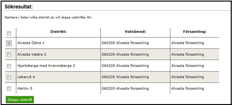 Markera i Sökresultat vilka distrikt du vill skriva ut resultatbilagor för. Klicka på knappen Skapa utskrift. Rapporten öppnas nu i pdf-format. Skriv ut samtliga sidor.