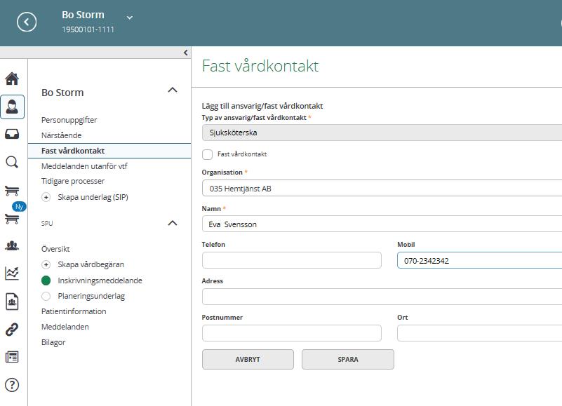 6. Registrera patientansvarig sjuksköterska i fliken fast vårdkontakt Kommunen registrerar patientansvarig sjuksköterska Klicka på Fast vårdkontakt Registrera: titel, enhet, namn och telefonnummer
