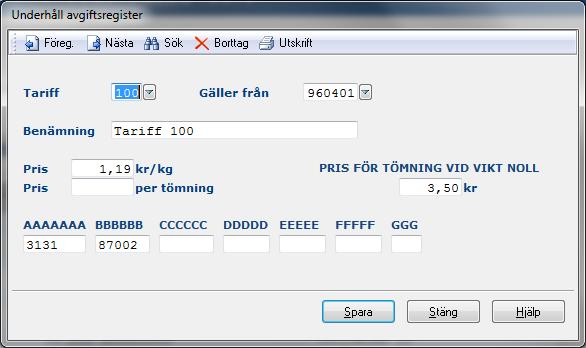 162 Renhållning 7.4.1 Inmatningsfält Tariff Det nummer som tariffen ska ha anges med maximalt 3 siffror. Det är detta nummer som sedan anges på bilden för utställda kärl.