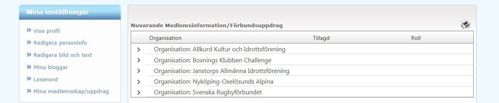 Mina inställningar-mina medlemskap/uppdrag Här ser du en sammanställning av alla de organisationer