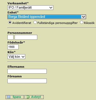 Verksamhet och Enhet klienten/brukaren tillhör genom att klicka på rutorna under dessa rubriker.