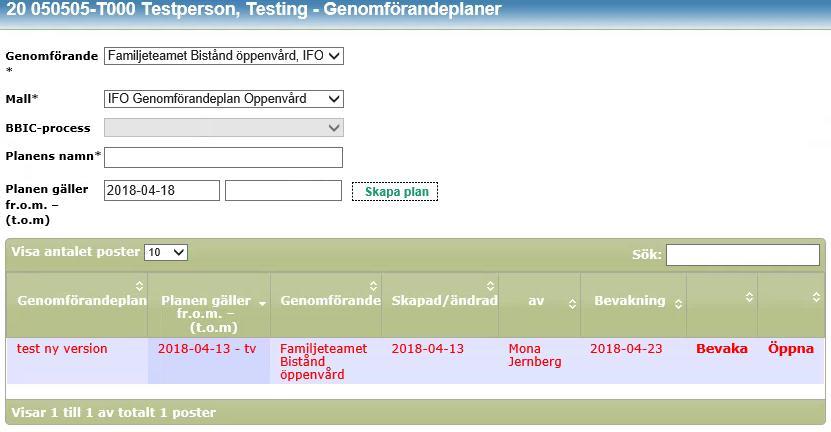 Skapa ny genomförandeplan Klicka på klientens/brukarens namn och personnummer under Mina enheter och på raden Genomförandeplan På