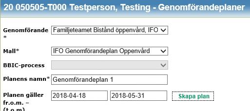 Klicka sedan på Skapa plan: Genomförandeplanen öppnas nu på en egen sida där samtliga rubriker visas till vänster.