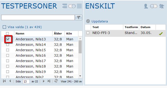 För att visa resultaten för en enskild testperson, välj först testpersonen genom att klicka