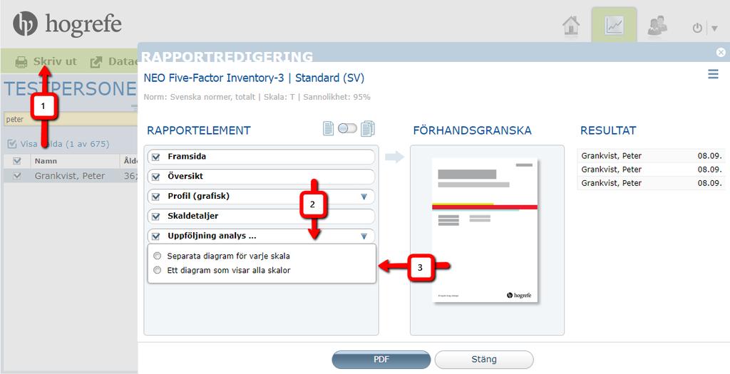 Uppföljningsanalysen kan inkluderas i en rapport. Välj Skriv ut (1 i bilden nedan) och markera sedan Uppföljningsanalys (2).