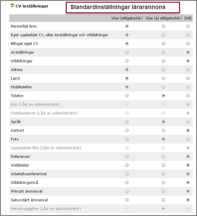 CV-inställningar CV inställningarna avgör vilka frågor som den sökande ska besvara under CV steget i en ansökan. Ta fram sektionen CV inställningar genom att klicka på plustecknet.