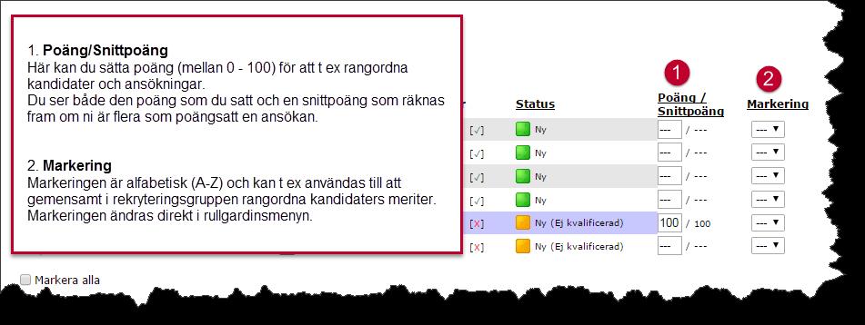 Man kan ange status på en ansökan, ge poäng och använda