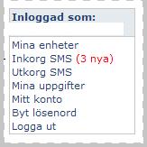 Genom att klicka på de olika valen under inloggad som till vänster på webbportalen får du upp nya sidor med olika funktioner. Inkorg SMS Här presenteras de SMS som har skickats från din TRACKme.