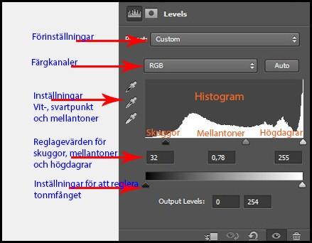 Nivåer/Levels Nivåer är ett användbart verktyg som också justerar mellantonerna och möjlighet att justera/korrigera färger.