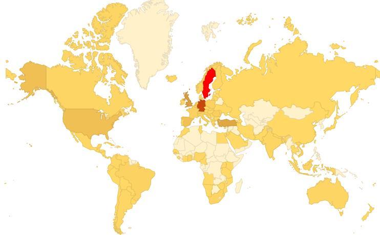 Geografisk spridning Land Antal artiklar Räckvidd Sverige 9 778 2 662 M Tyskland 6 249 4 469 M Storbritannien 2 315 5 257 M Turkiet 1 916 1 216 M USA 954 2 076 M Spanien 941 1 330 M Holland 359 193 M