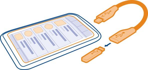 118 Söka efter mer hjälp Ansluta ett USB-minne 1 Anslut USB-adapterns mikro-usb-ände (säljs separat) till telefonens mikro-usbkontakt. 2 Anslut ett USB-minne i USB-adaptern.