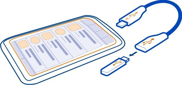 112 Anslutbarhet Ansluta ett USB-minne 1 Anslut USB-adapterns mikro-usb-ände (säljs separat) till telefonens mikro-usbkontakt. 2 Anslut ett USB-minne i USB-adaptern.