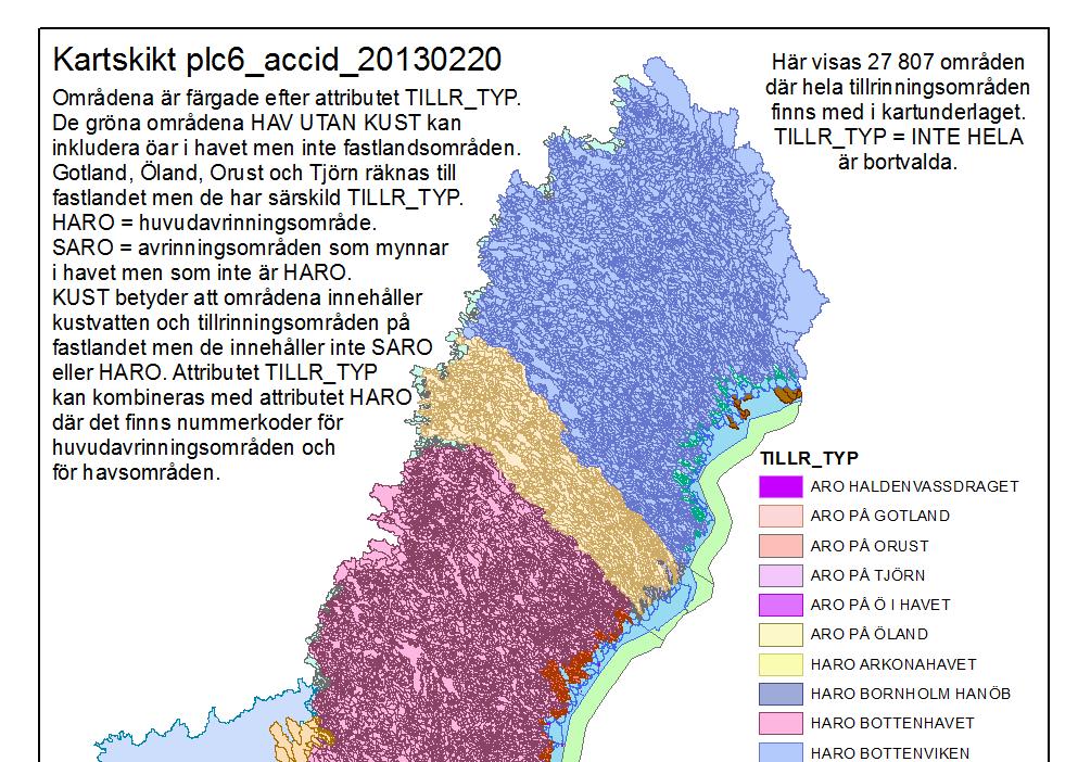 Figur 2. Samma kartskikt som i Figur 1 men här visas urvalet av de 27 807 områden vars hela uppströmsområde är med kartskiktet.