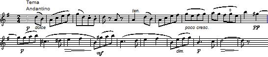 Det synkoperade B-temat (d-moll) presenteras unisont i oktav av violinerna: Snart lösgör sig ett mer lyriskt tema i violan: Satsen är mycket fascinerande med sina originella teman och den